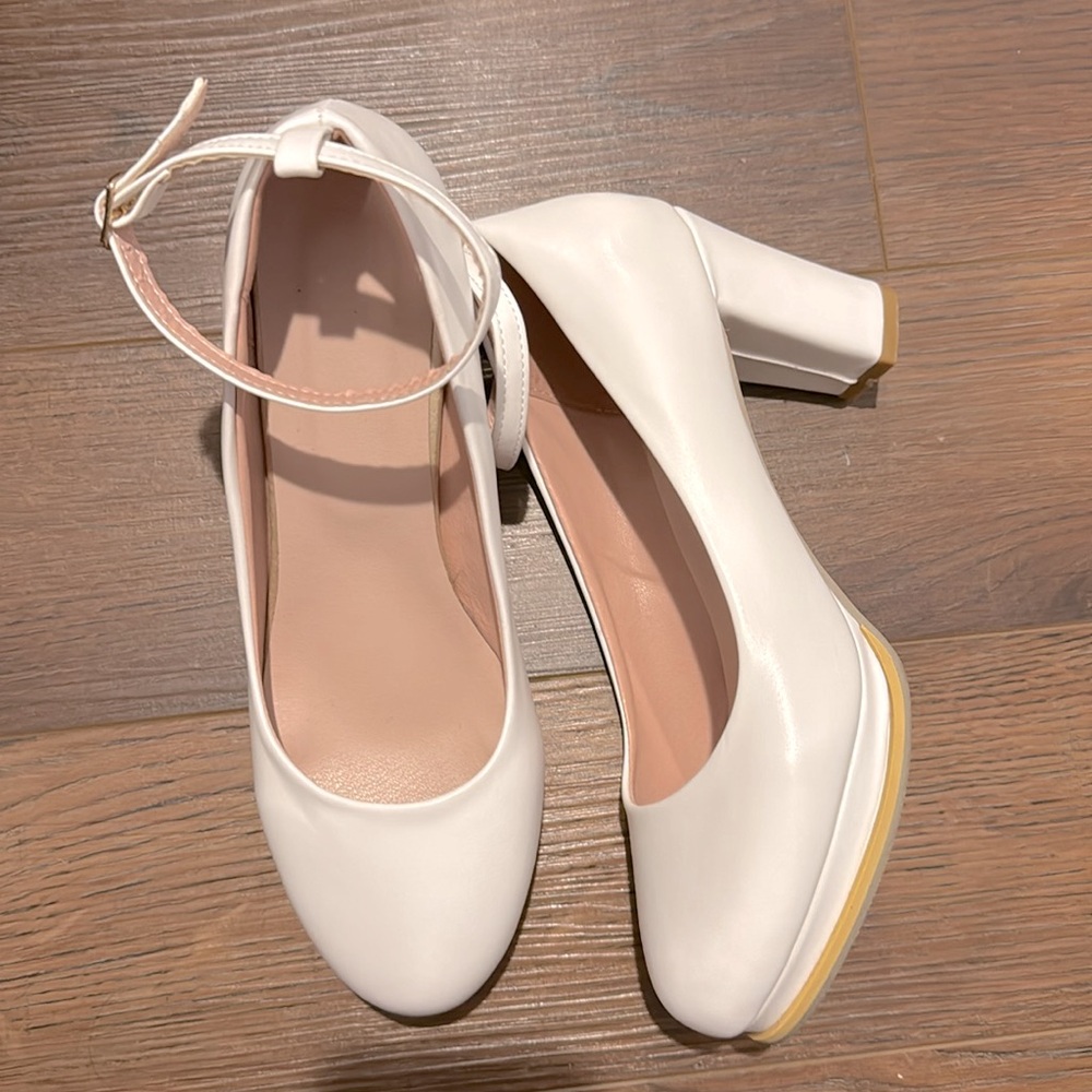 Chunky White Heels W/ adjustable strap - Size 8.5